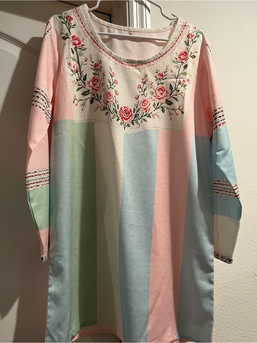 Women's Pastel Striped Printed Embroidered Floral Tunic - Pink-Size Small